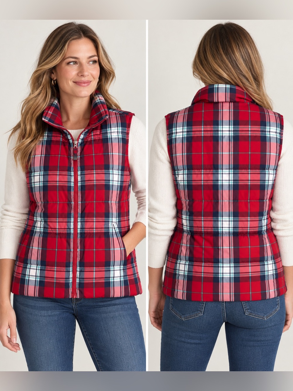 Lands’ End Women’s Large Plaid Down Puffer Vest Red Tartan Holiday - EUC